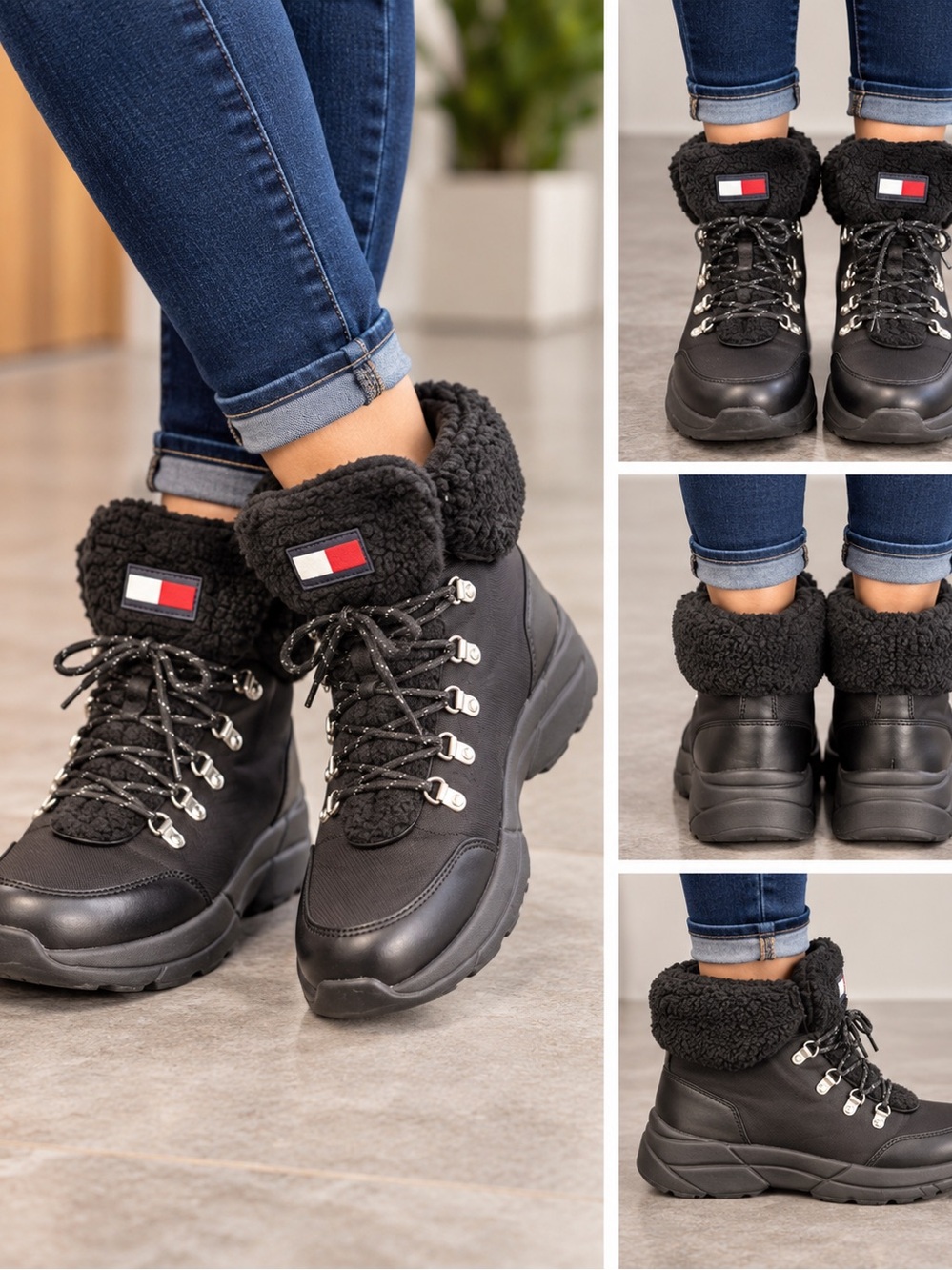 Tommy Hilfiger TWevelina womens Black Ankle Boots leather/nylon/sherpa lined 9M